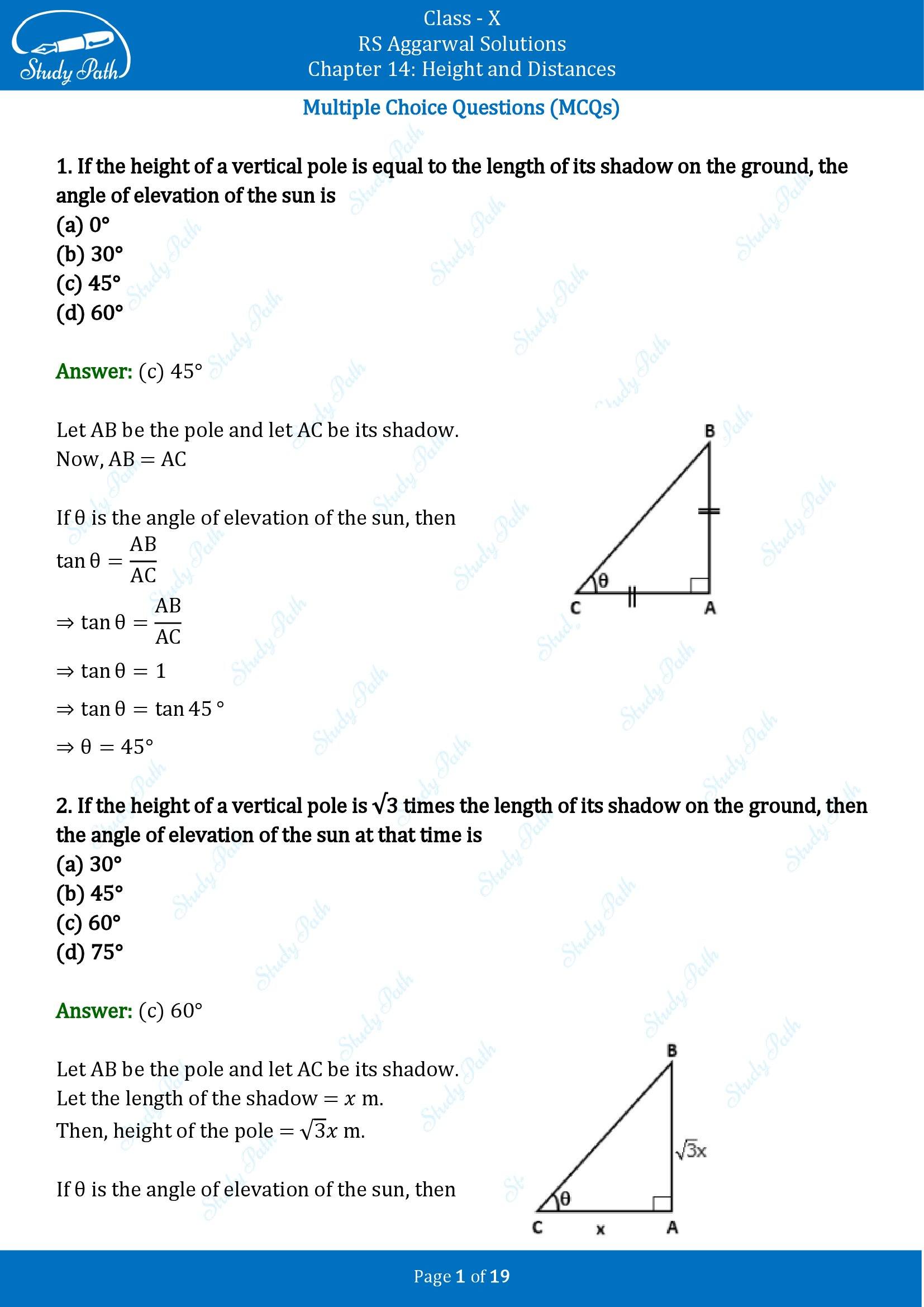 RS Aggarwal Solutions for Class 10 Chapter 14 Height and Distances Multiple Choice Questions 00001