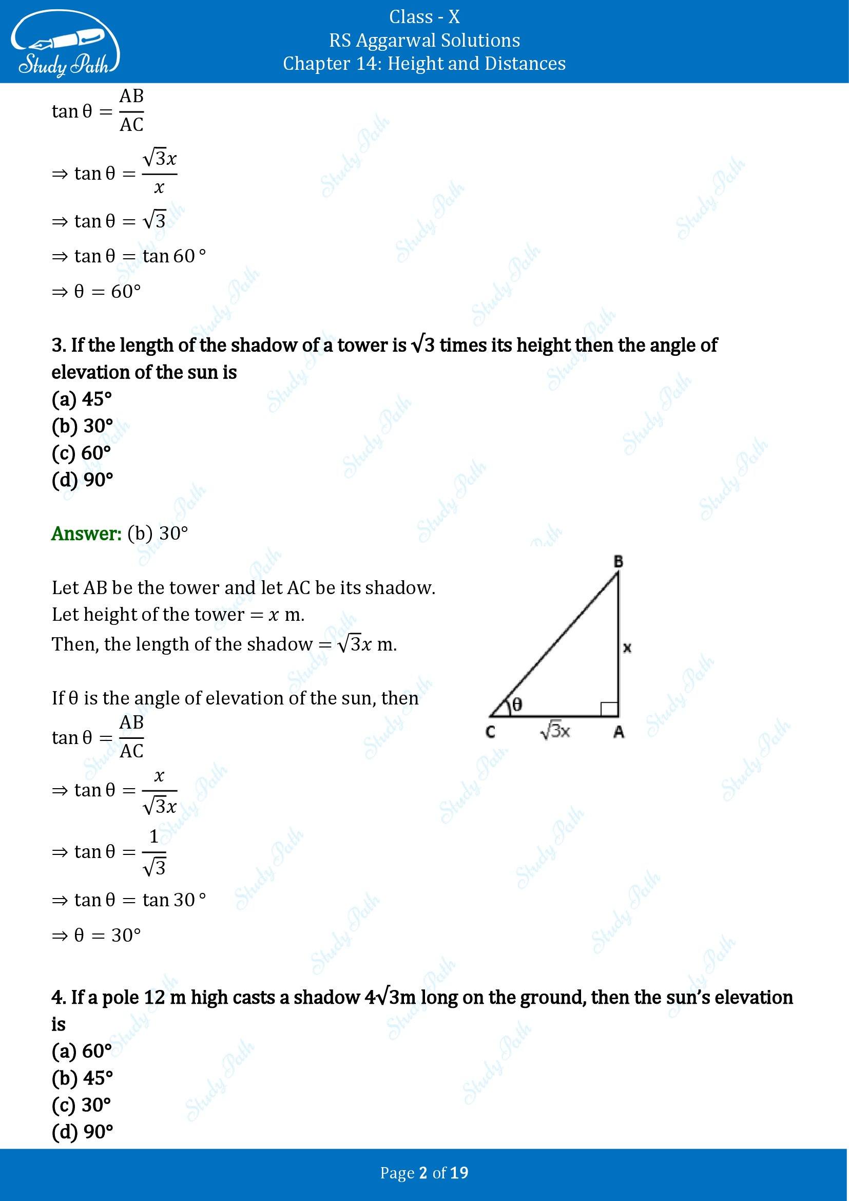 RS Aggarwal Solutions for Class 10 Chapter 14 Height and Distances Multiple Choice Questions 00002