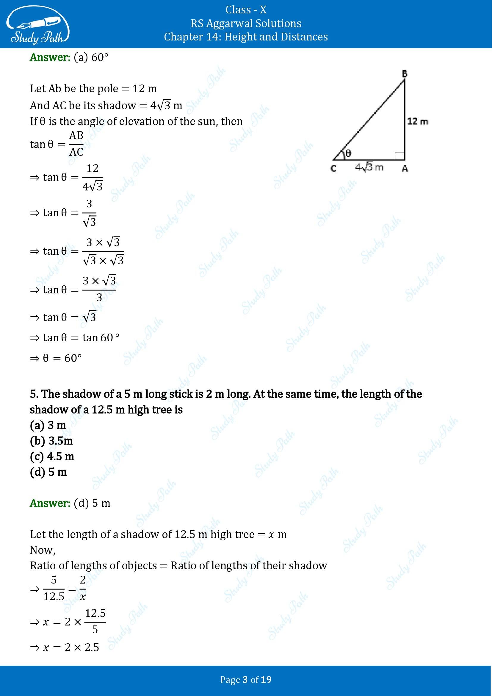 RS Aggarwal Solutions for Class 10 Chapter 14 Height and Distances Multiple Choice Questions 00003