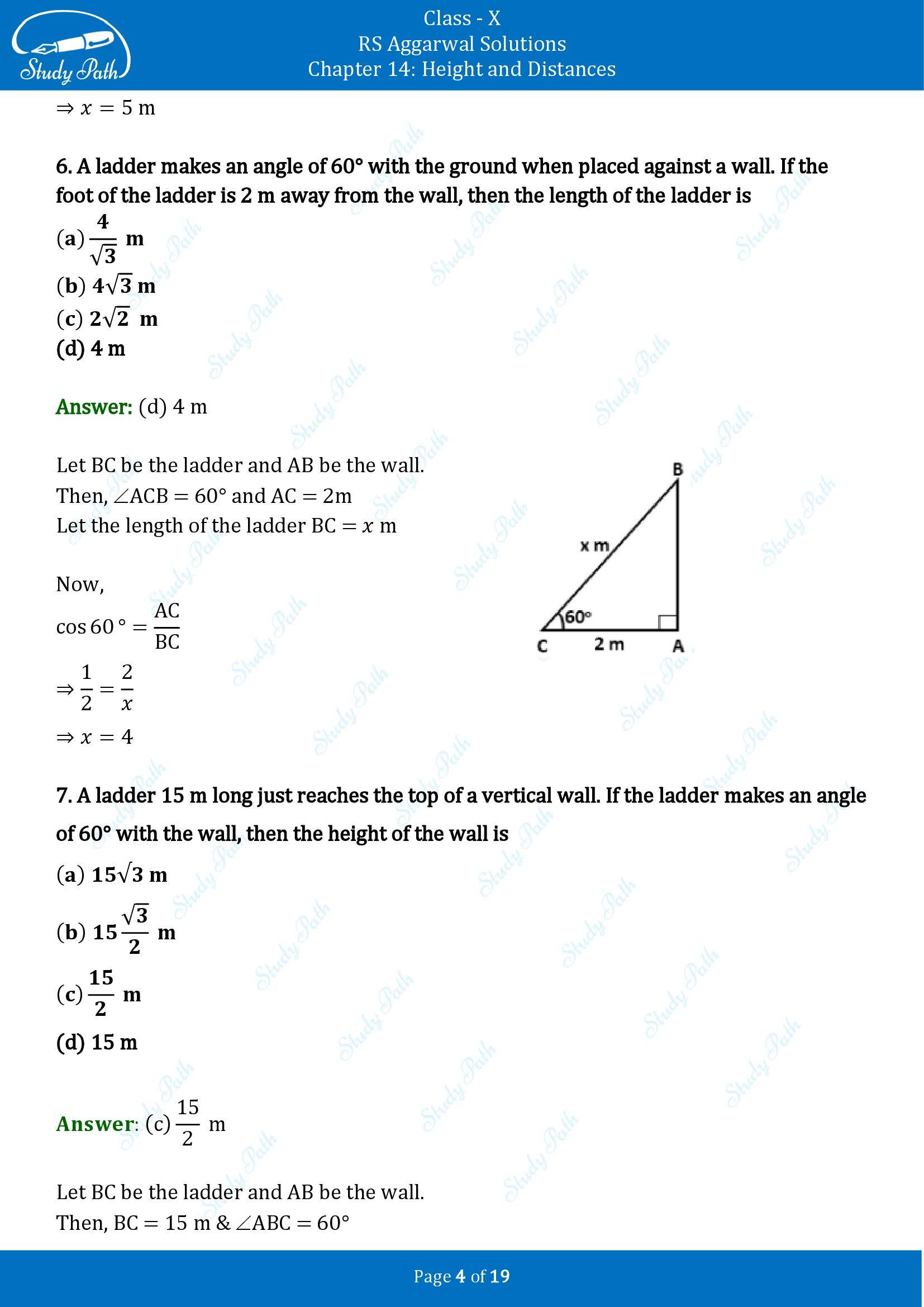 RS Aggarwal Solutions for Class 10 Chapter 14 Height and Distances Multiple Choice Questions 00004