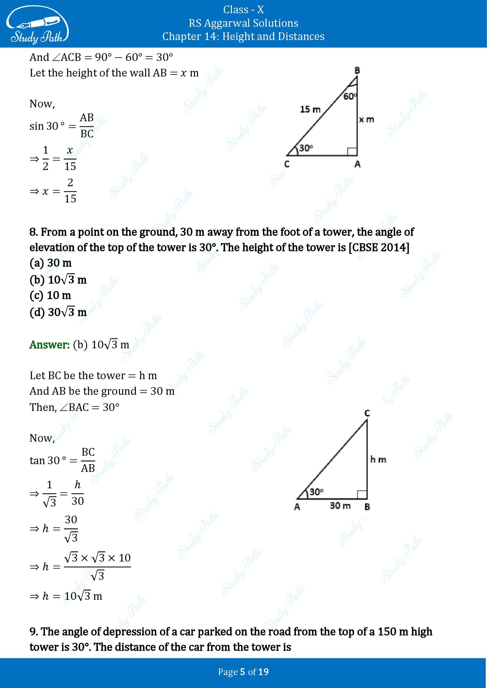 RS Aggarwal Solutions for Class 10 Chapter 14 Height and Distances Multiple Choice Questions 00005