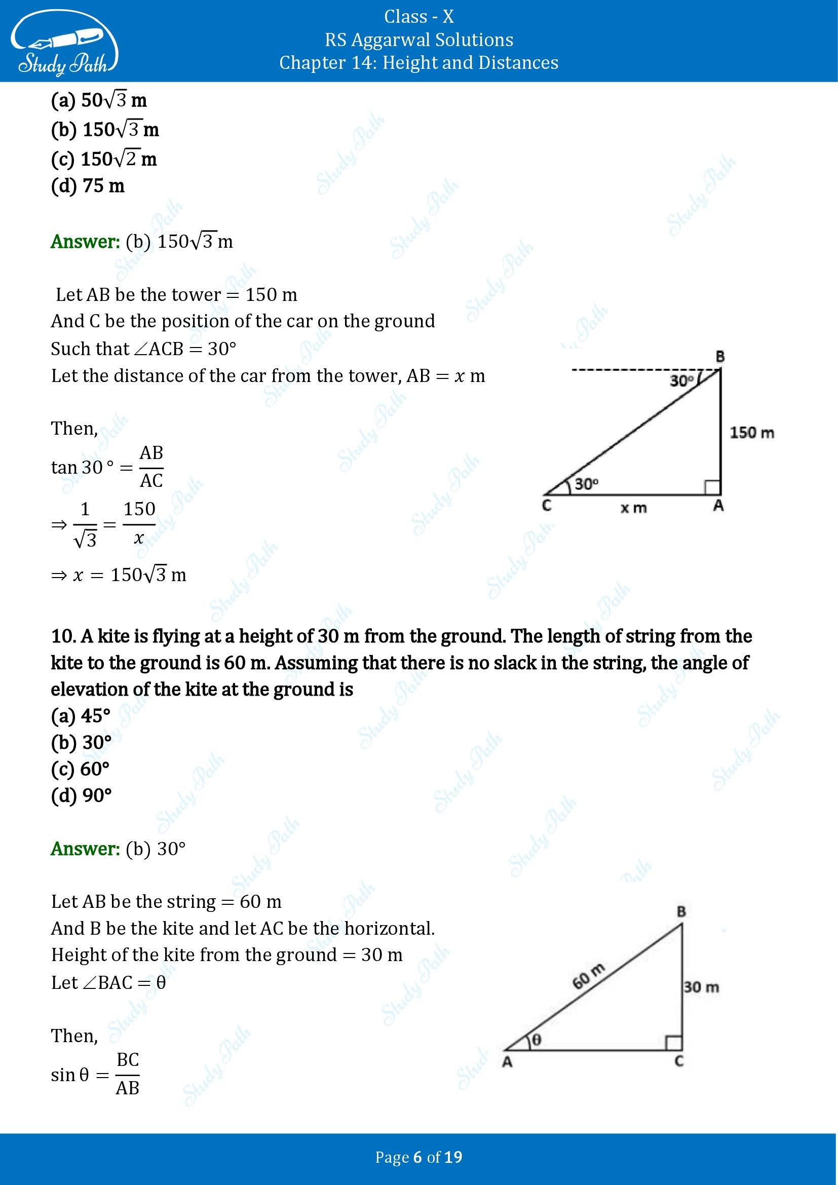 RS Aggarwal Solutions for Class 10 Chapter 14 Height and Distances Multiple Choice Questions 00006
