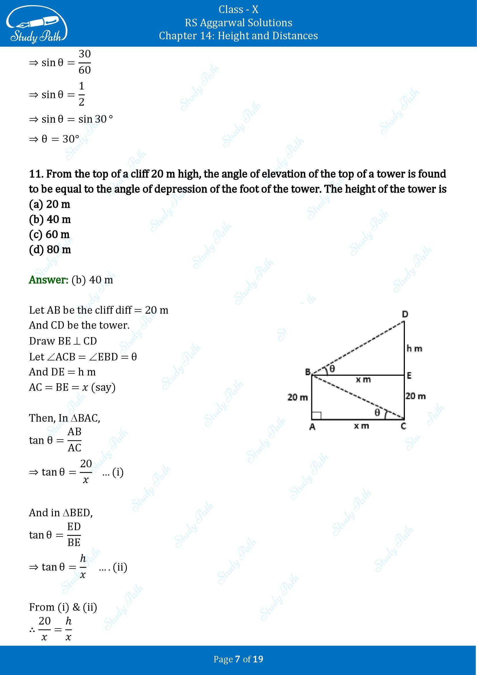 RS Aggarwal Solutions for Class 10 Chapter 14 Height and Distances Multiple Choice Questions 00007