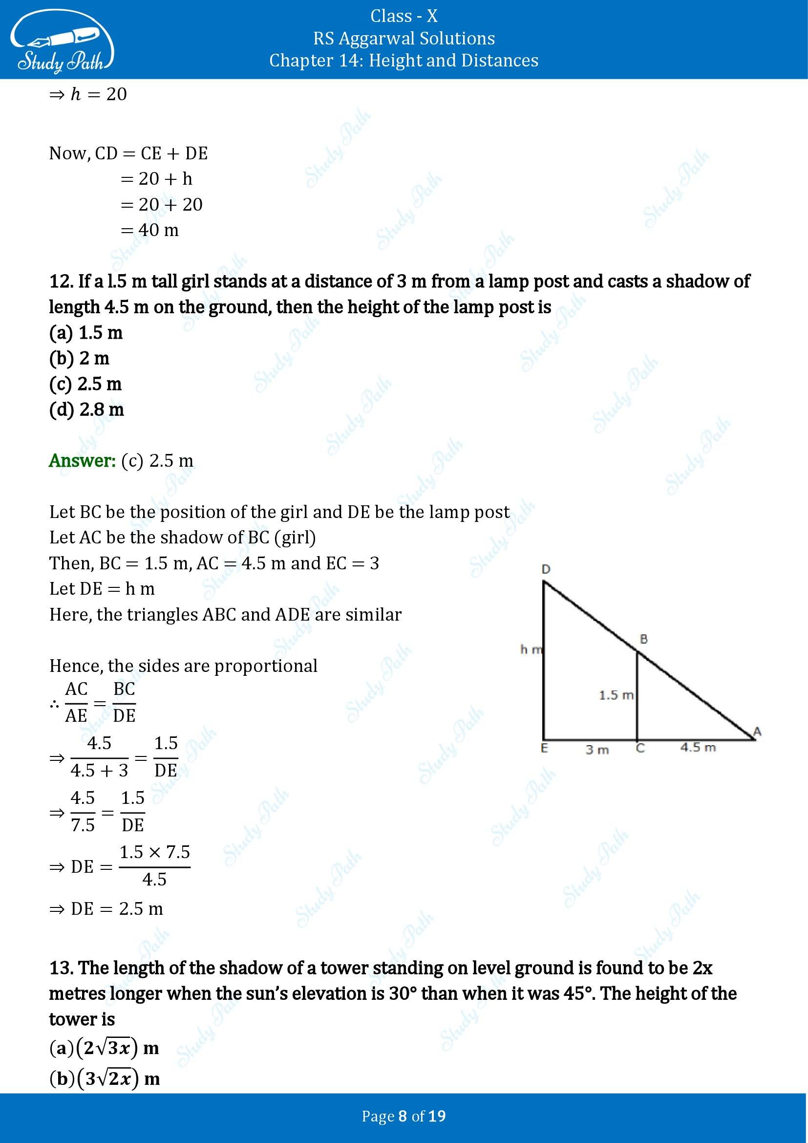 RS Aggarwal Solutions for Class 10 Chapter 14 Height and Distances Multiple Choice Questions 00008