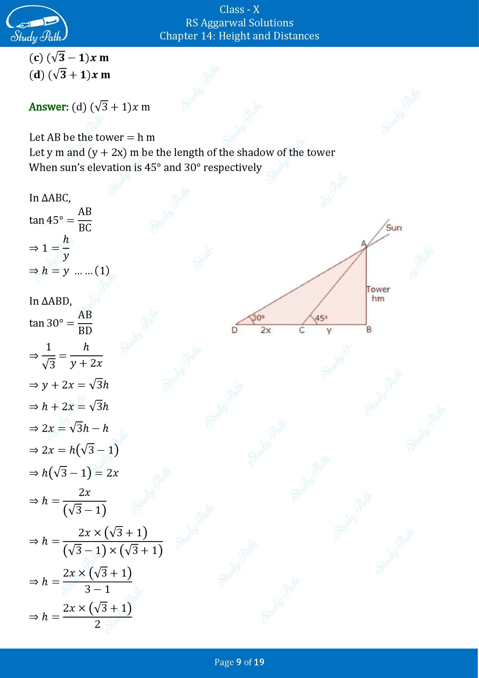RS Aggarwal Solutions for Class 10 Chapter 14 Height and Distances Multiple Choice Questions 00009