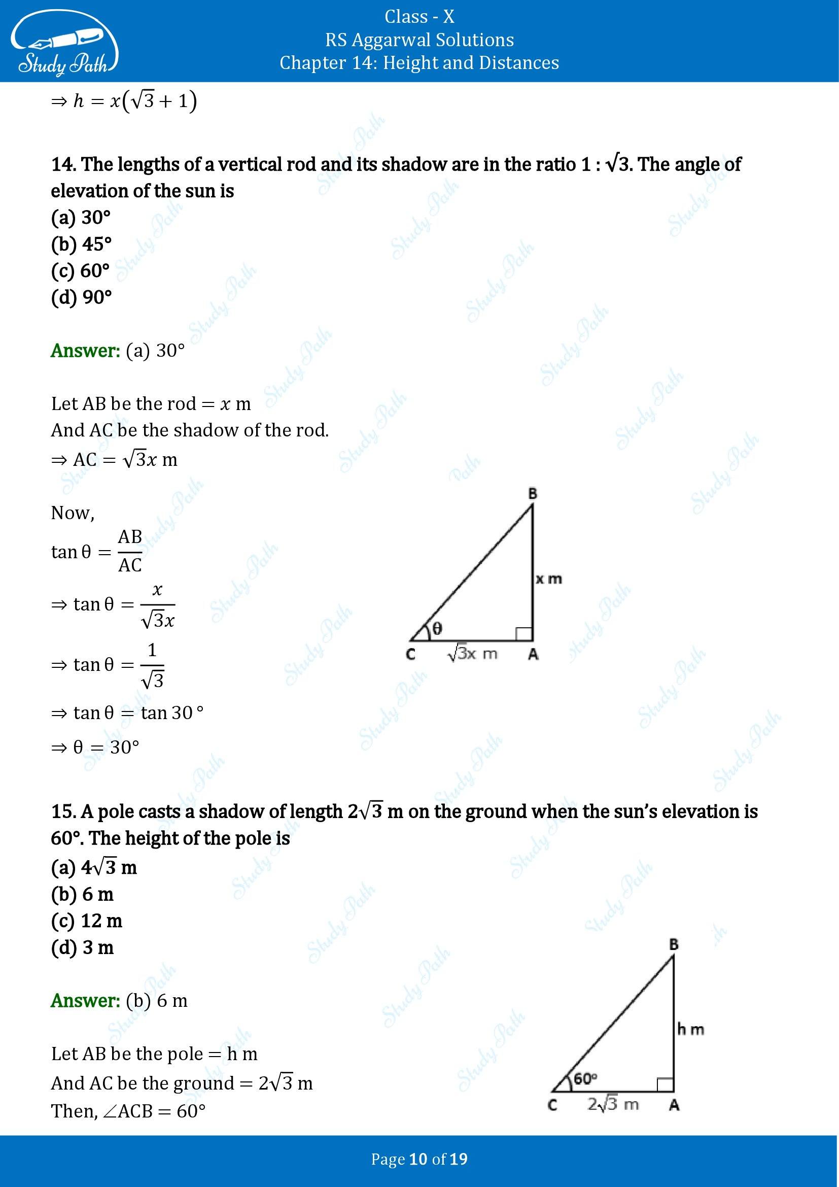 RS Aggarwal Solutions for Class 10 Chapter 14 Height and Distances Multiple Choice Questions 00010