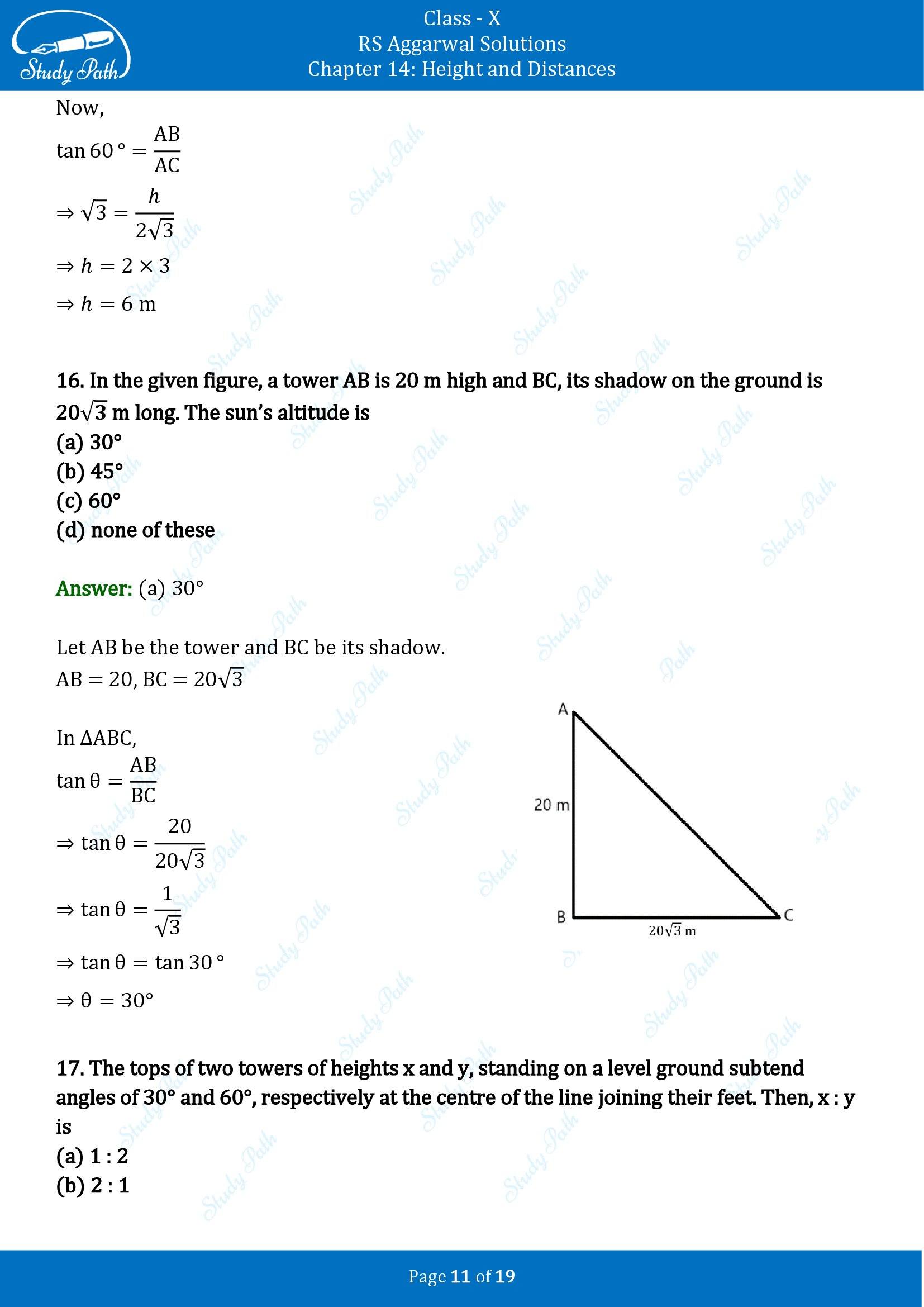 RS Aggarwal Solutions for Class 10 Chapter 14 Height and Distances Multiple Choice Questions 00011