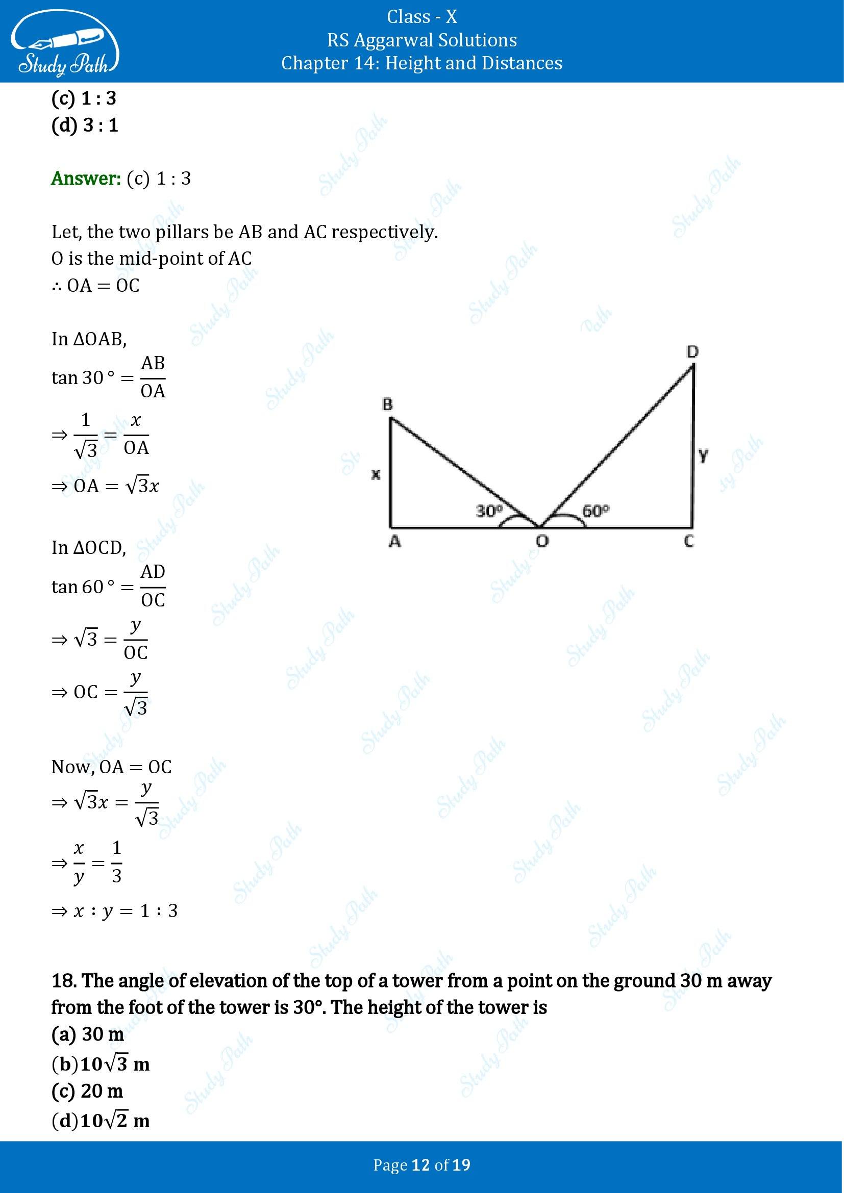 RS Aggarwal Solutions for Class 10 Chapter 14 Height and Distances Multiple Choice Questions 00012