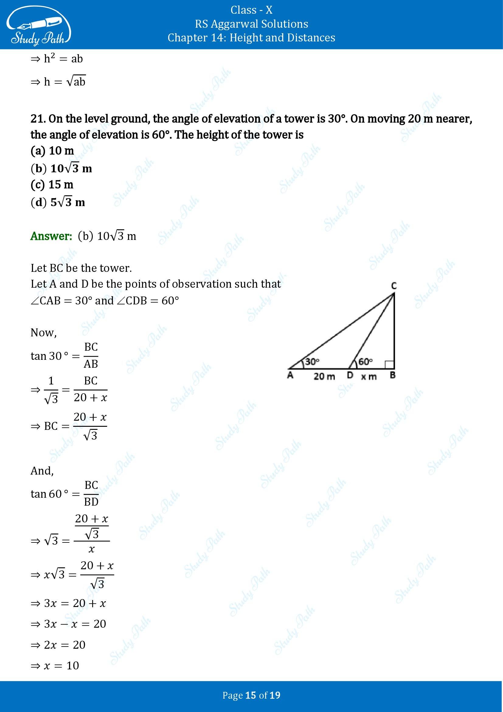 RS Aggarwal Solutions for Class 10 Chapter 14 Height and Distances Multiple Choice Questions 00015