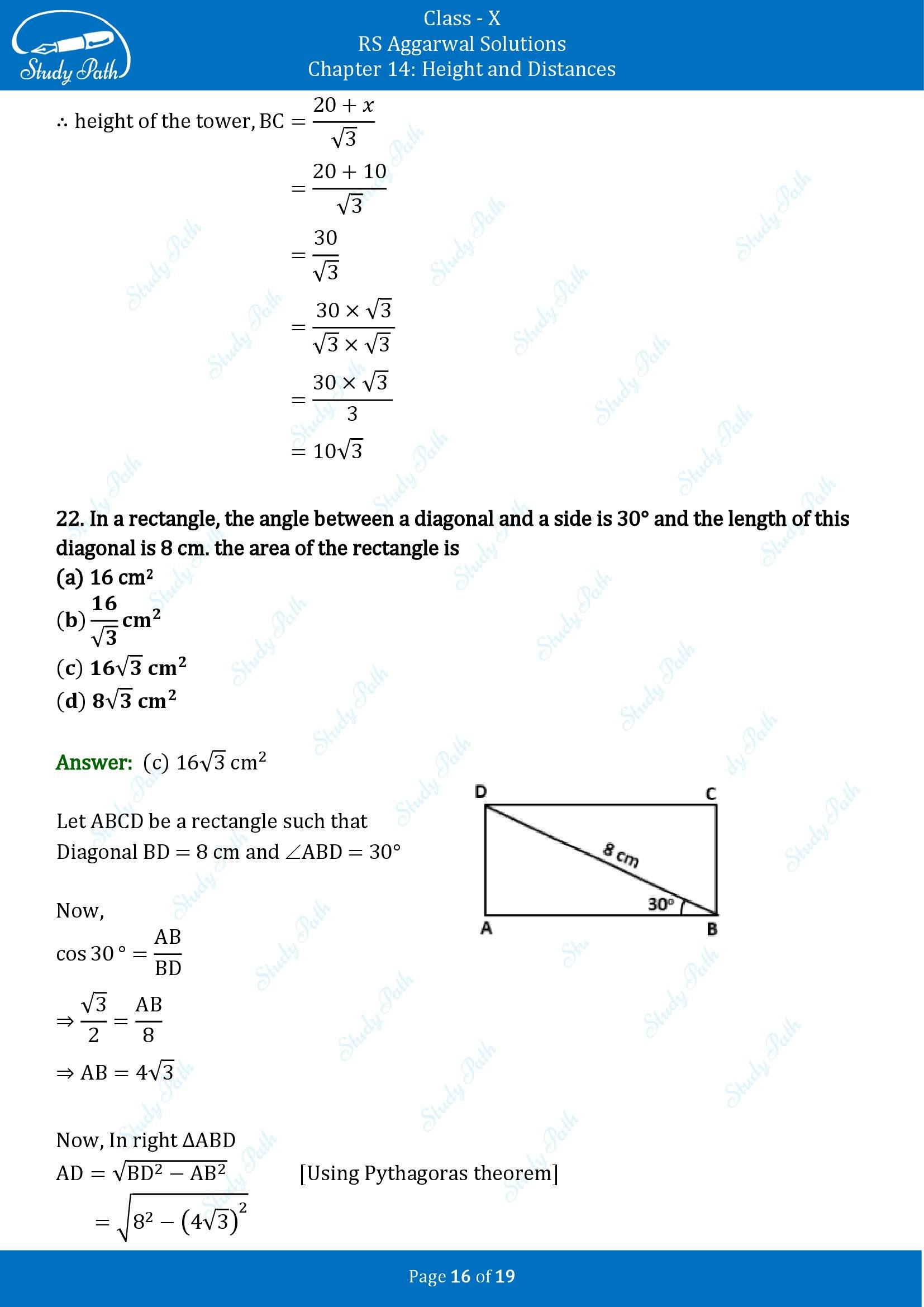 RS Aggarwal Solutions for Class 10 Chapter 14 Height and Distances Multiple Choice Questions 00016