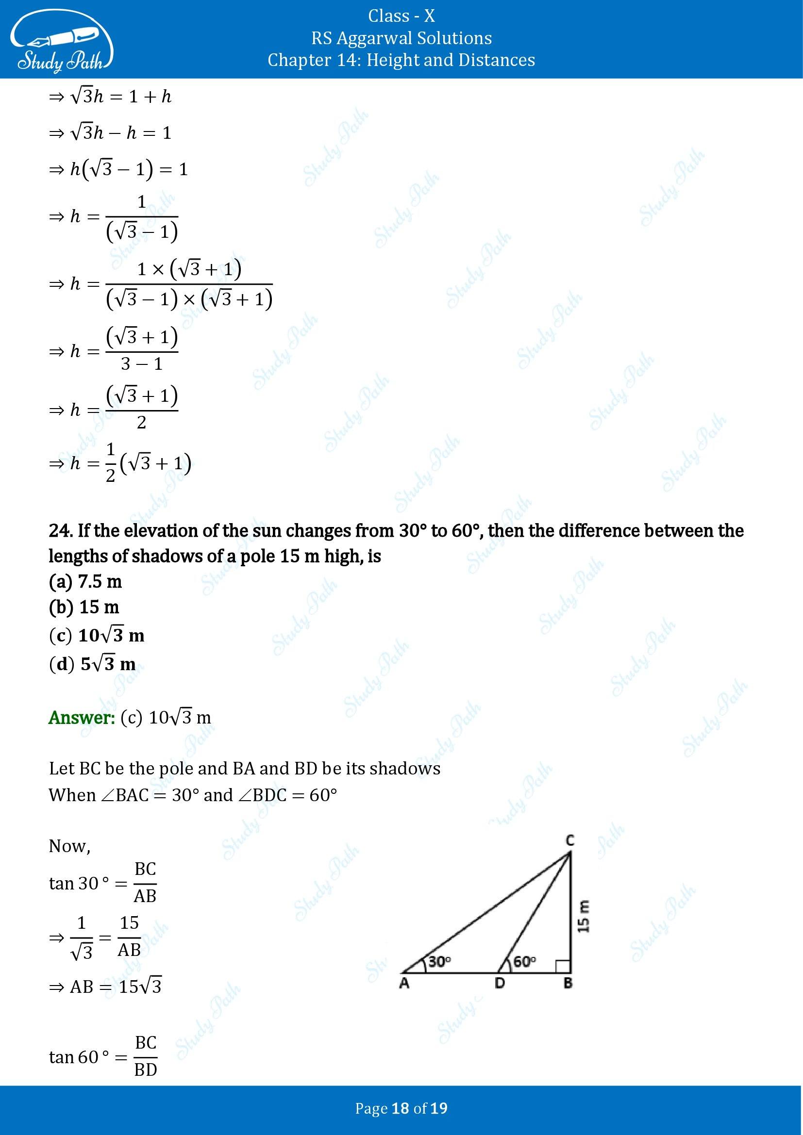 RS Aggarwal Solutions for Class 10 Chapter 14 Height and Distances Multiple Choice Questions 00018