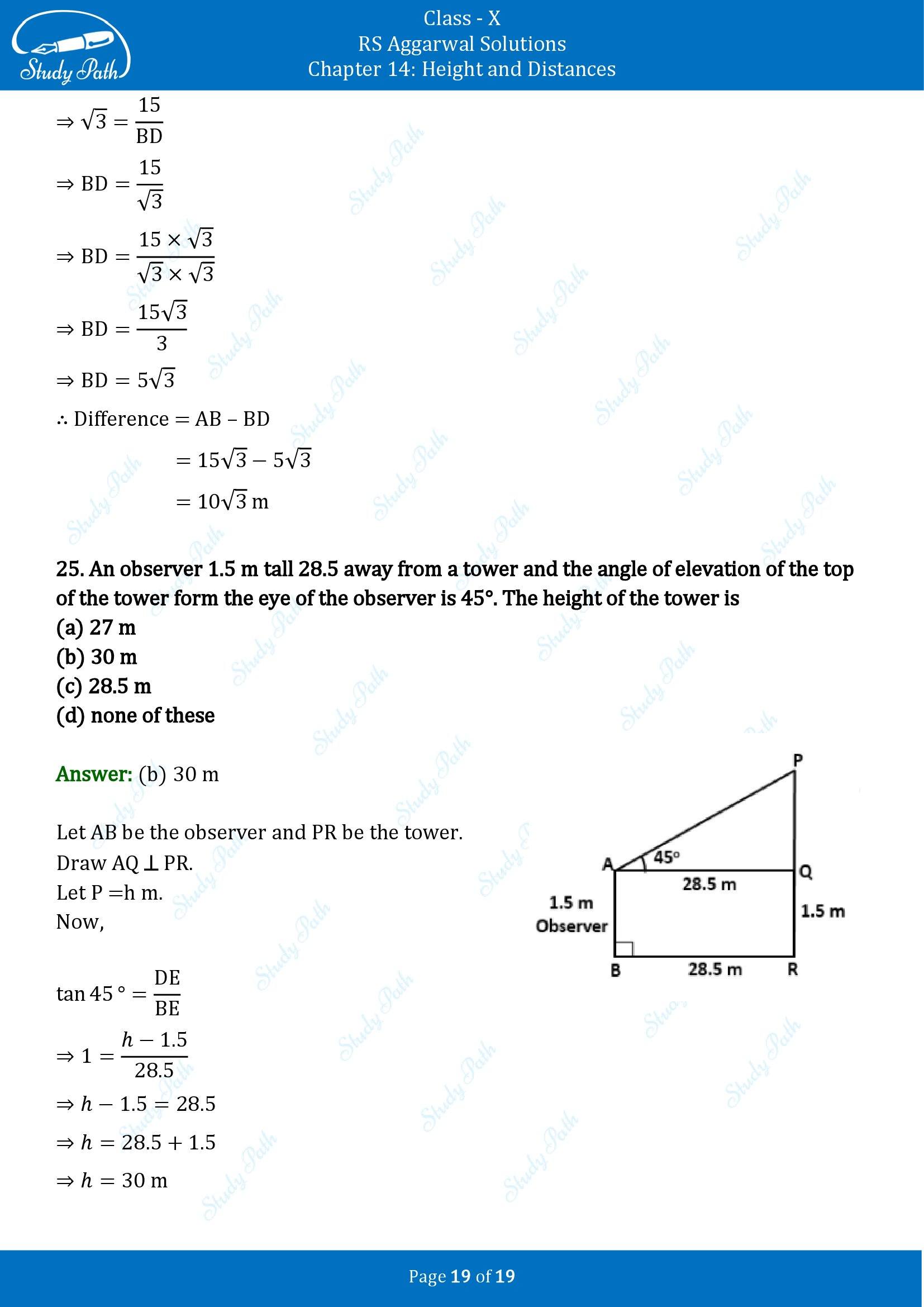 RS Aggarwal Solutions for Class 10 Chapter 14 Height and Distances Multiple Choice Questions 00019