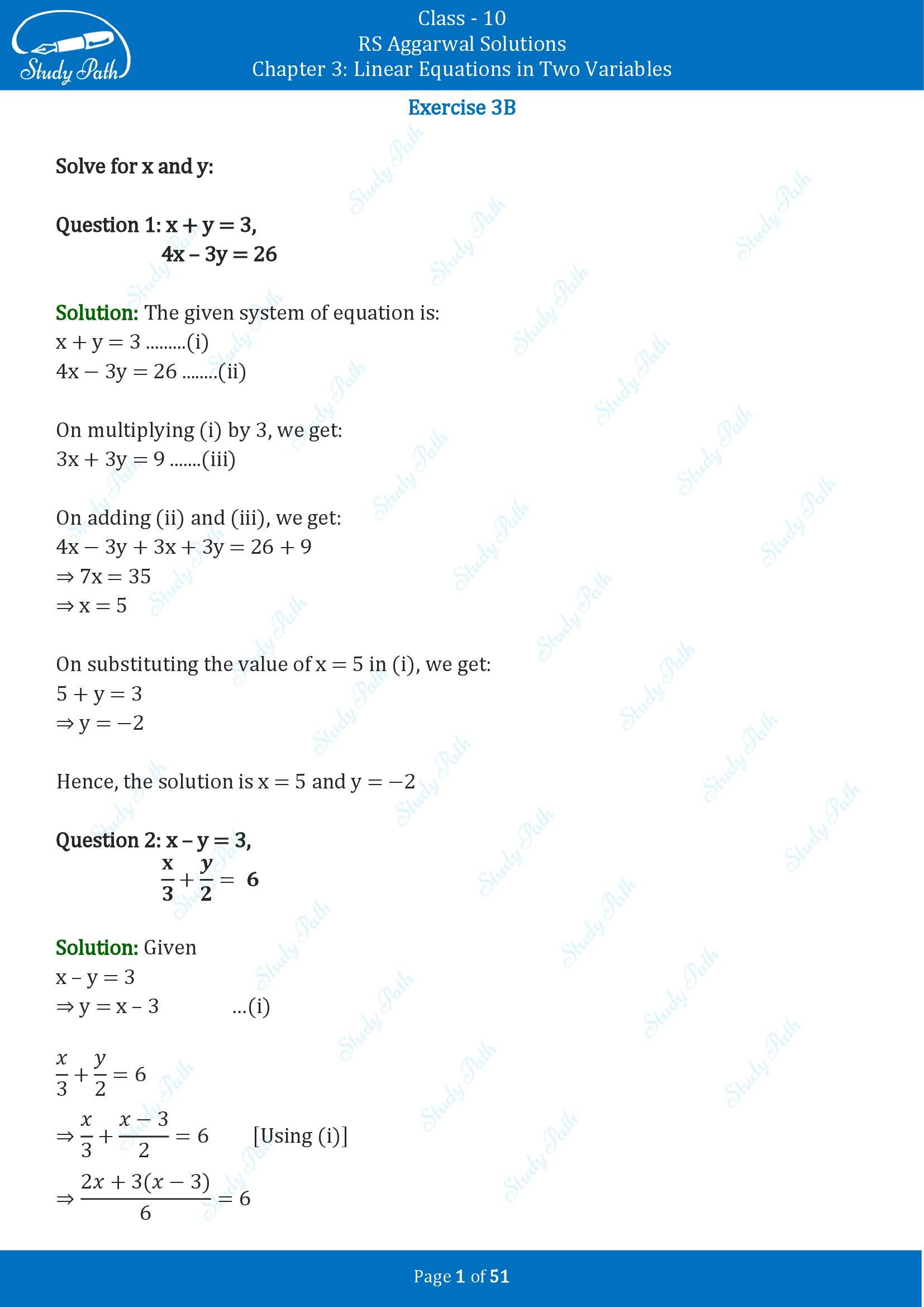 RS Aggarwal Solutions for Class 10 Chapter 3 Linear Equations in Two Variables Exercise 3B 00001