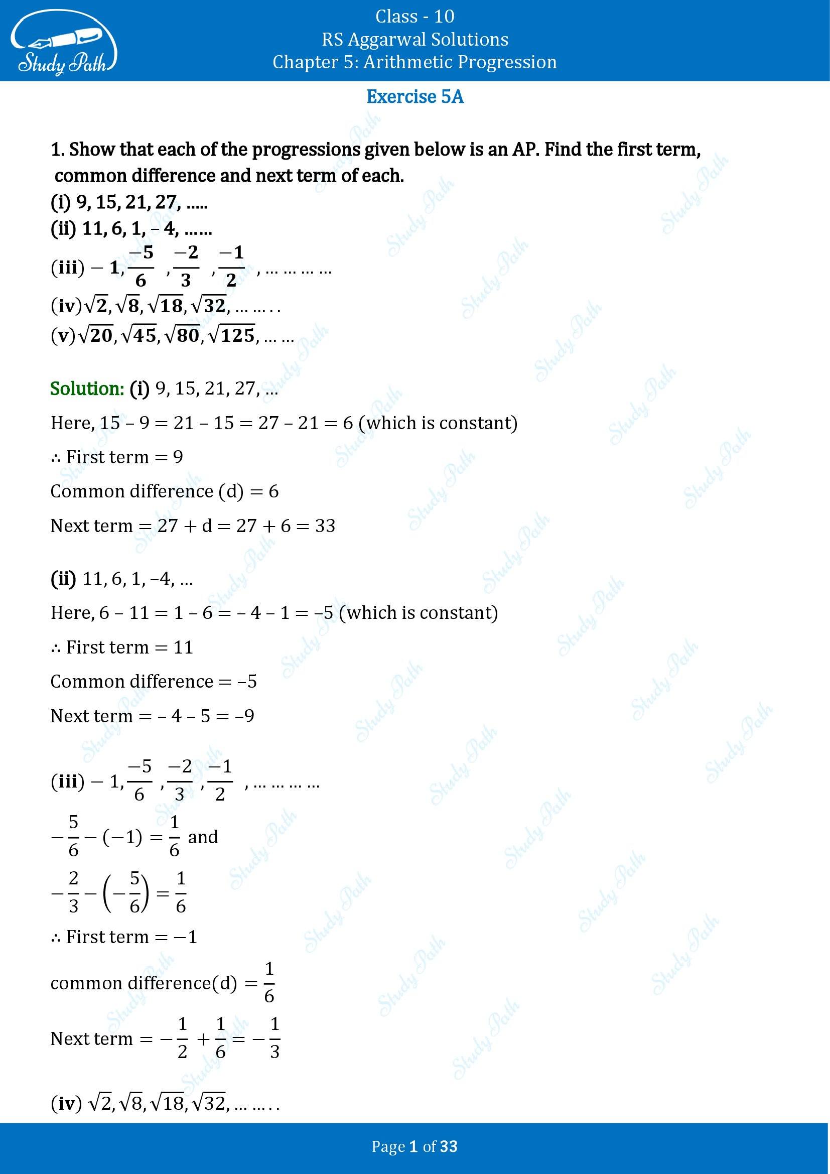 RS Aggarwal Solutions for Class 10 Chapter 5 Arithmetic Progression Exercise 5A 00001