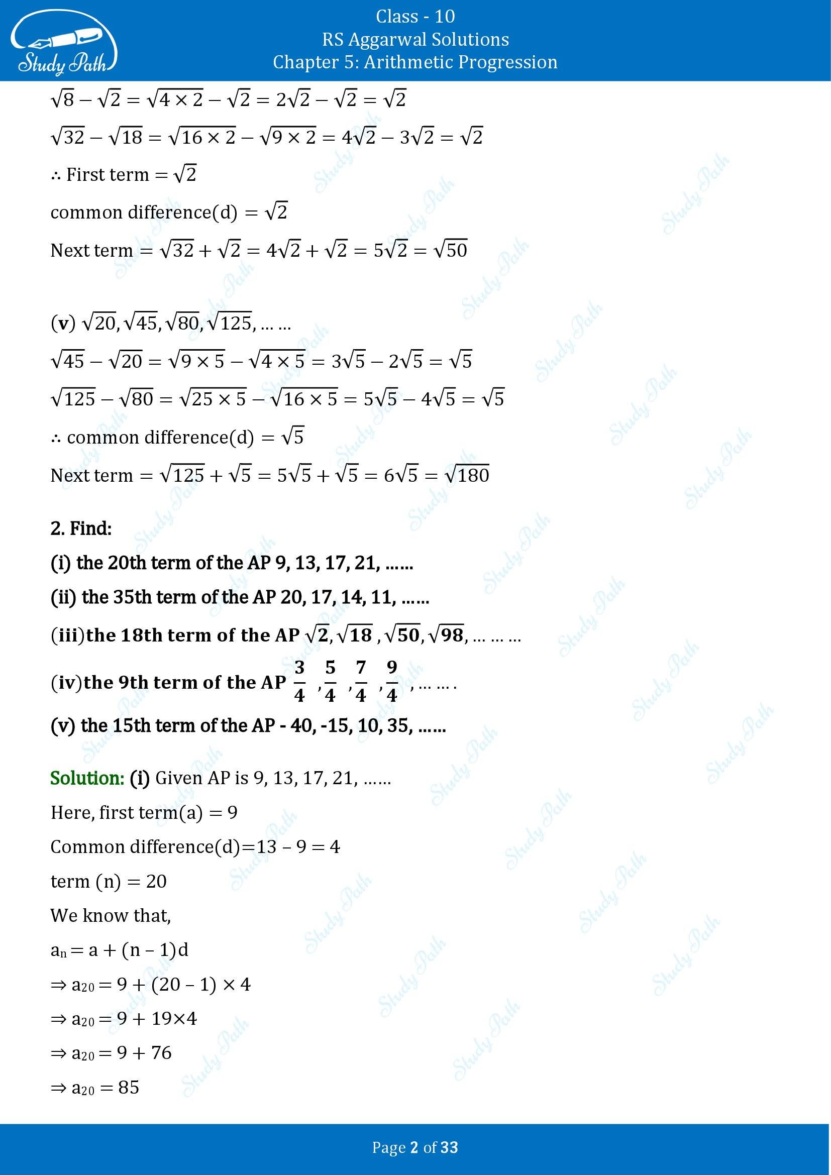 RS Aggarwal Solutions for Class 10 Chapter 5 Arithmetic Progression Exercise 5A 00002