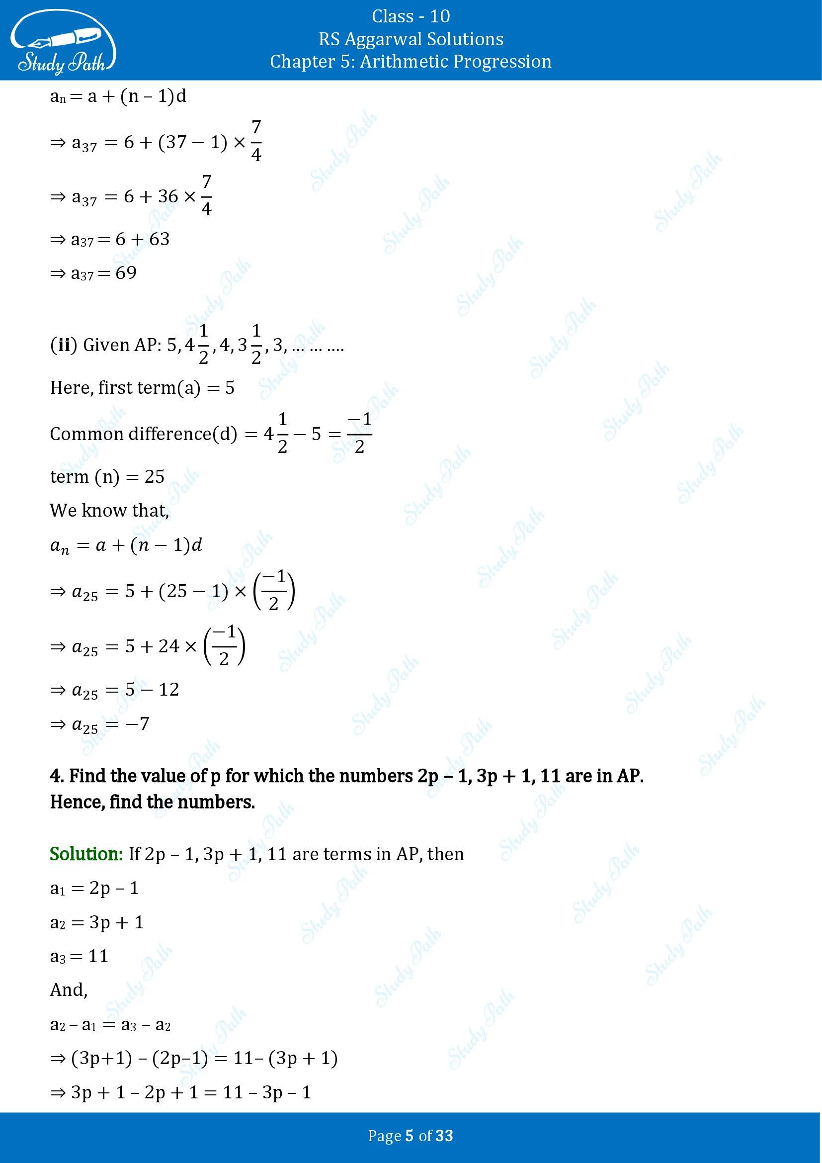 RS Aggarwal Solutions for Class 10 Chapter 5 Arithmetic Progression Exercise 5A 00005