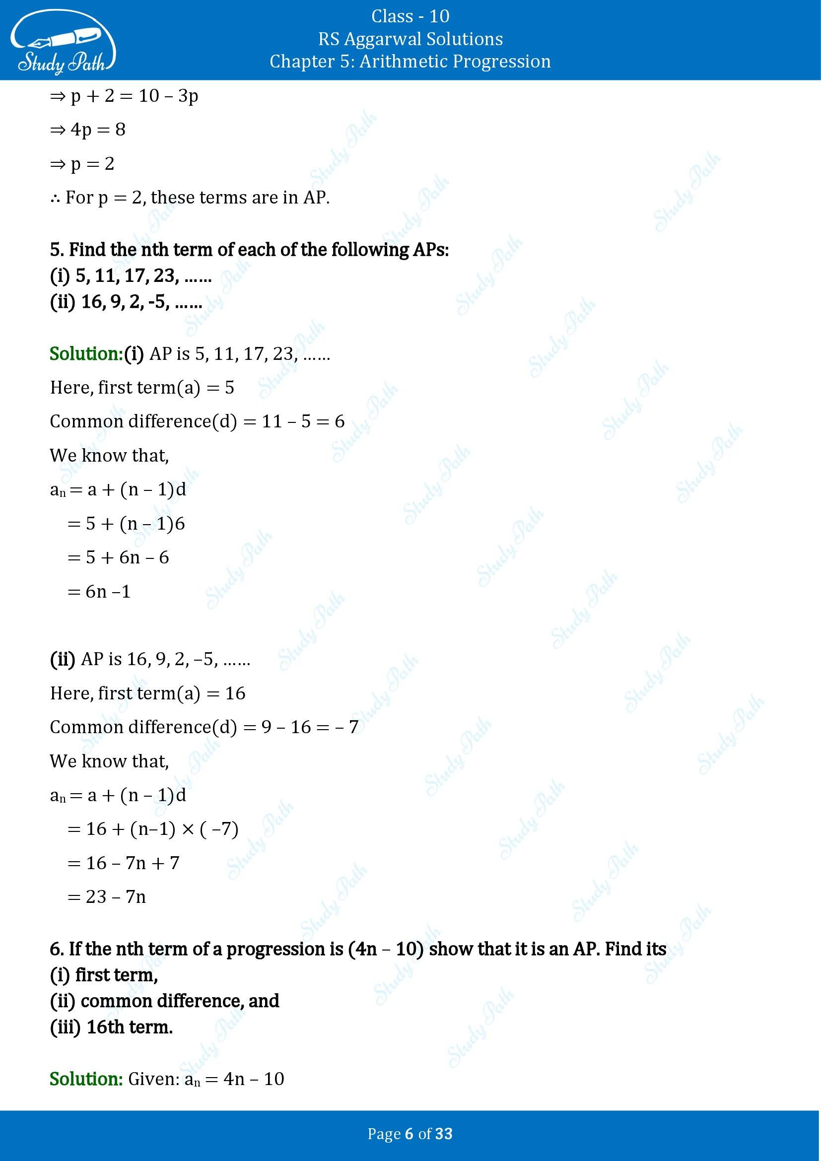 RS Aggarwal Solutions for Class 10 Chapter 5 Arithmetic Progression Exercise 5A 00006