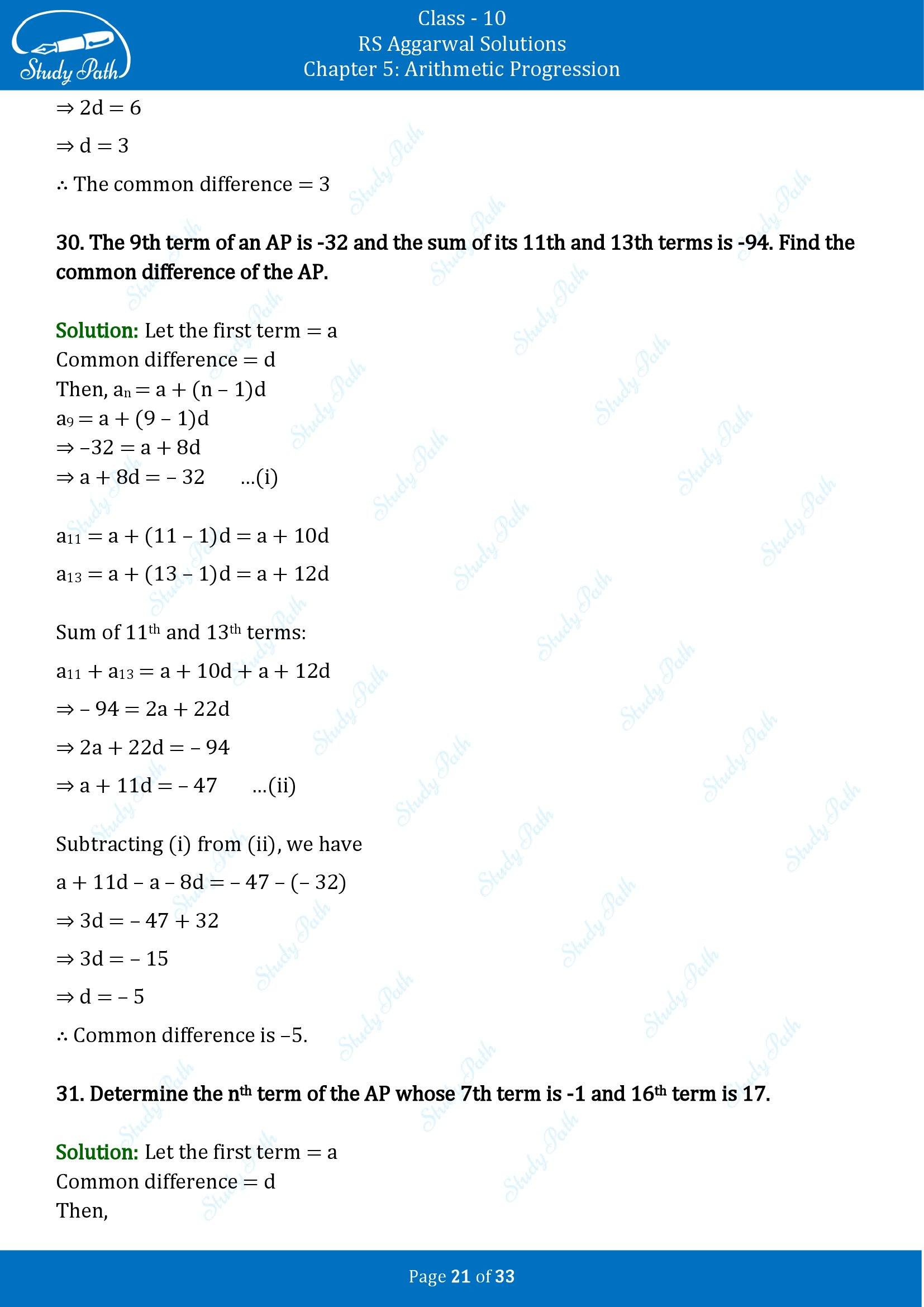 RS Aggarwal Solutions for Class 10 Chapter 5 Arithmetic Progression Exercise 5A 00021