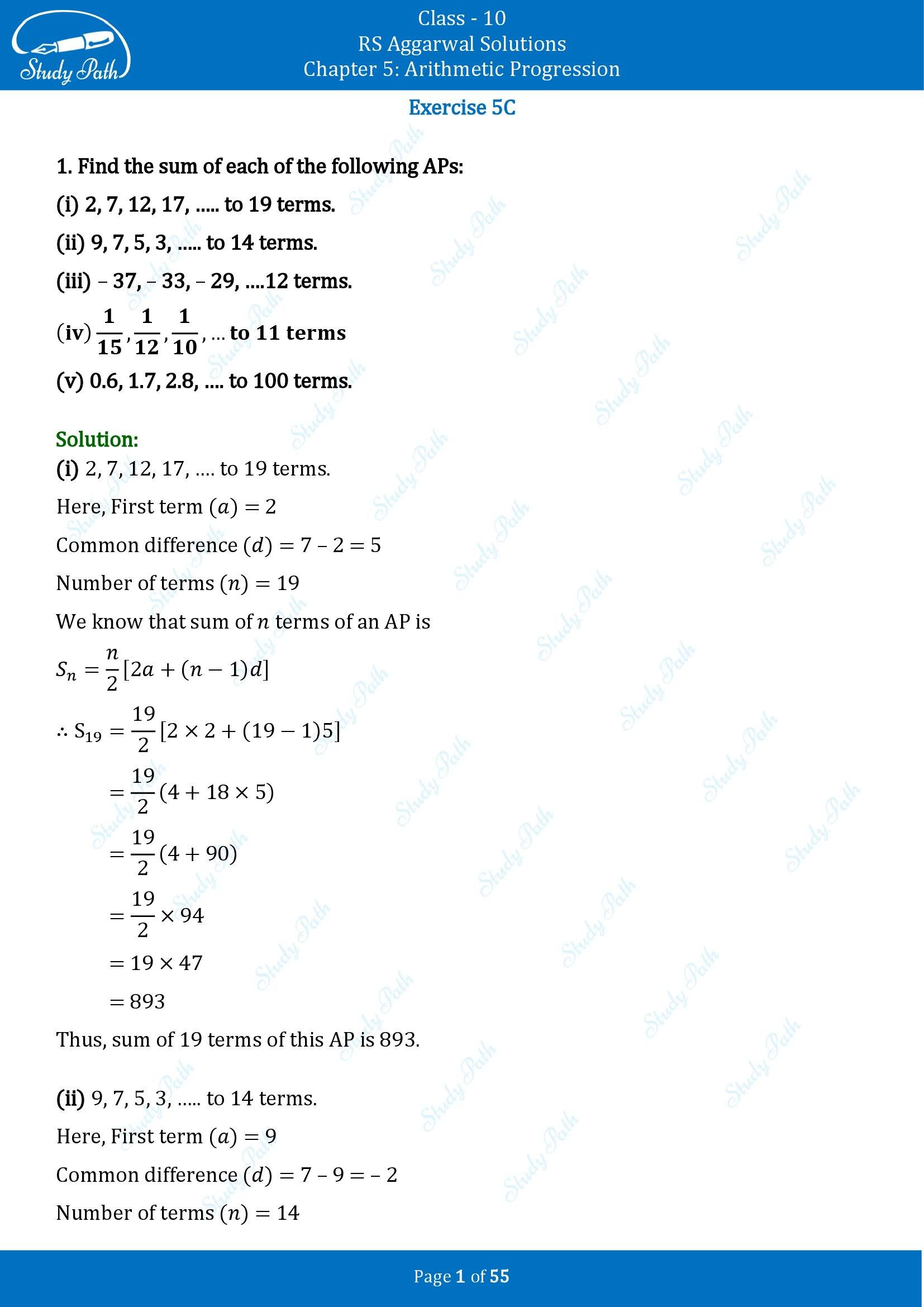RS Aggarwal Solutions for Class 10 Chapter 5 Arithmetic Progression Exercise 5C 00001
