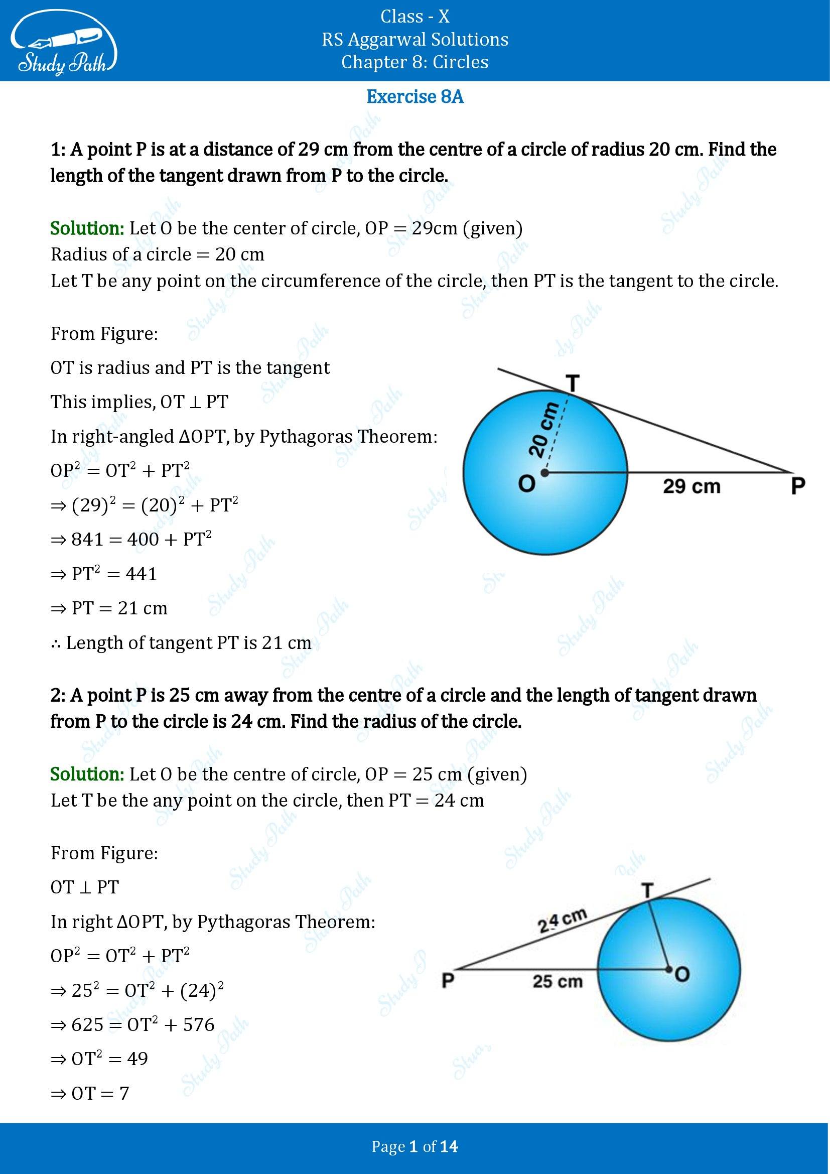 RS Aggarwal Solutions for Class 10 Chapter 8 Circles Exercise 8A 00001